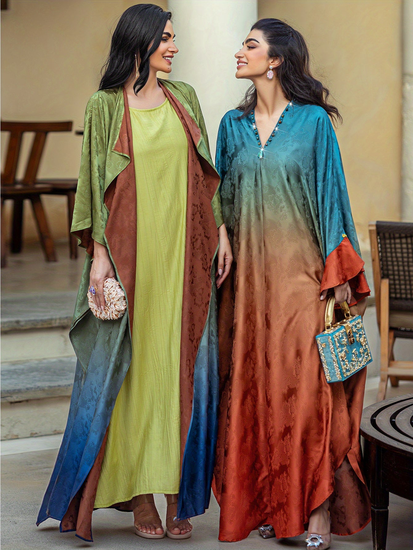 Elegant Gradient Abaya Dress with Butterfly Sleeves & Rhinestone Embellishments - Long Length, Solid Color, Regular Fit for All Seasons, Versatile Fashion | Gradient Abaya | Nonstretch Fabric