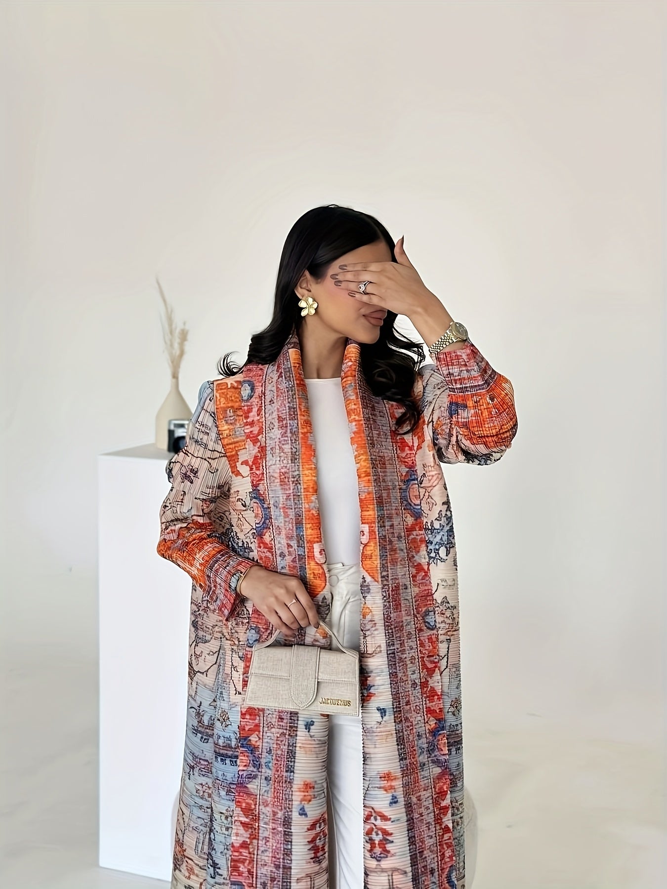 2025 Summer New Collection - Miyake Geometric Print Kimono Cardigan, High Elasticity, Long Sleeve, Open Front Abaya, Loose Fit, Lightweight Fabric, Perfect for Ramadan, Eid Al-Fitr