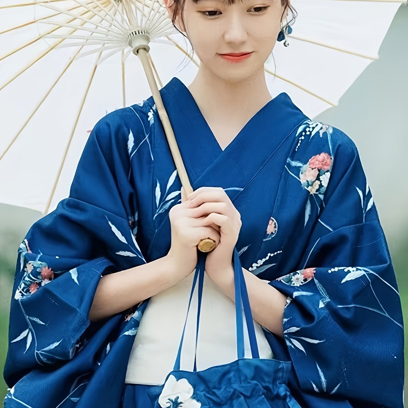 6pcs Traditional Japanese Kimono Abaya Set for Women - Polyester Floral Pattern, Woven Kimono & Obi with Matching Accessories - Umbrella, Hair Flower, Bow