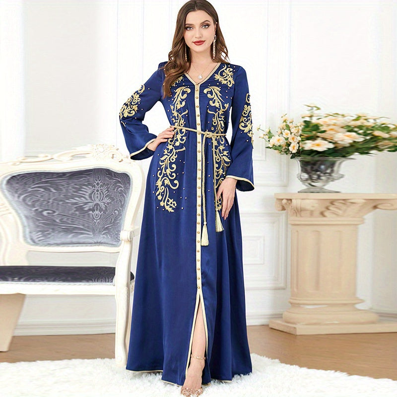 Plants Print V-neck Slit Kaftan Abaya, Long Sleeve Dress, Women's Clothing