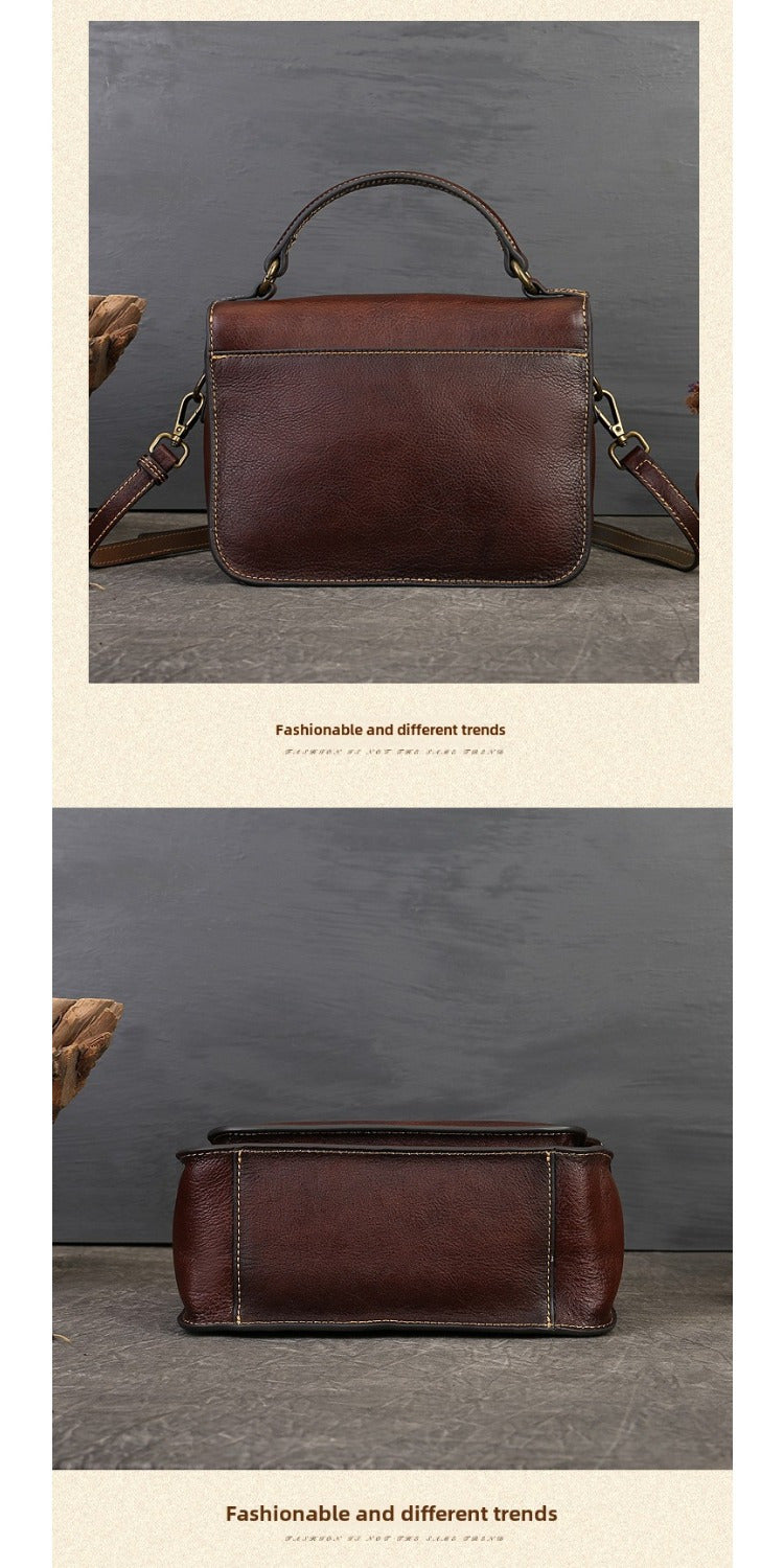 Women's Genuine Leather Retro Messenger Bag - Adjustable Crossbody & Shoulder Strap, Snap Closure, Durable Oil-Edged Trim