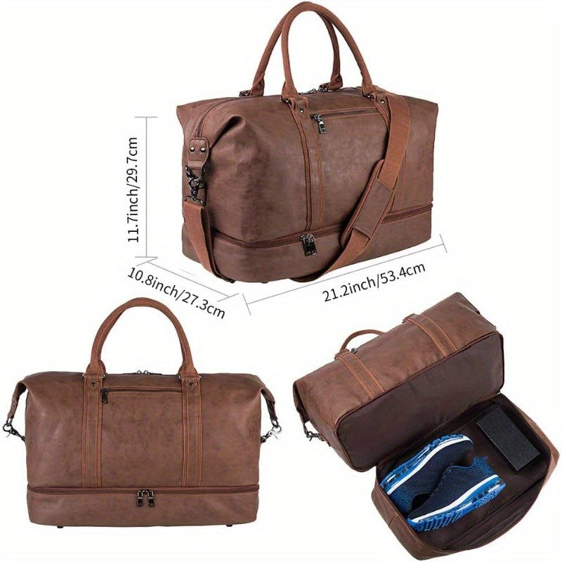Weekender Overnight Leather Duffel Bag Carry On Bag Travel Bag with Shoe Pouch
