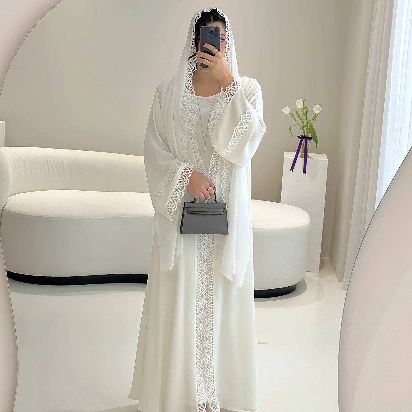 2pcs Muslim Kaftan Abaya Set with Lace Trim | Plus Sleeveless Vest Skirt, Headscarf, for Ramada