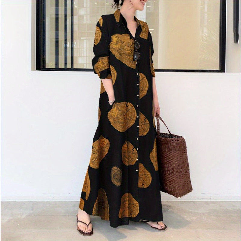 Women's Islamic Abaya Dress - Elegant Long Sleeve Muslim Jilbaab Dress with Lapel Collar, Black & Golden Floral Print, Loose Fit Modest Muslim Gown for Everyday & Special Occasions