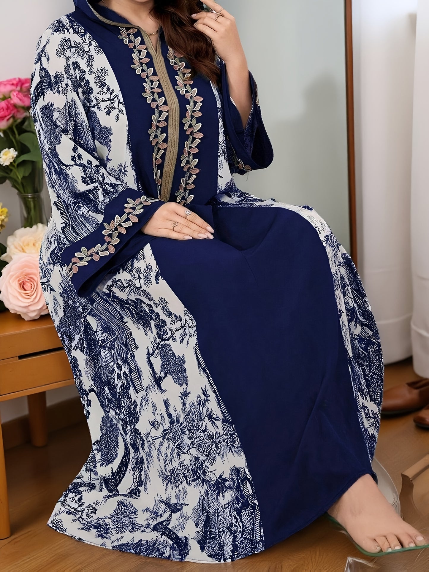 Plus Size, 2025 new landscape print decoration three-dimensional lace Middle Eastern hooded long loose large size Palestinian Abaya