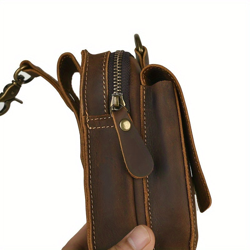 Men's Retro Genuine Leather Belt Bag - Anti-Theft Lightweight Belt Clip with Multiple Zippered Compartments for Phone & Essentials