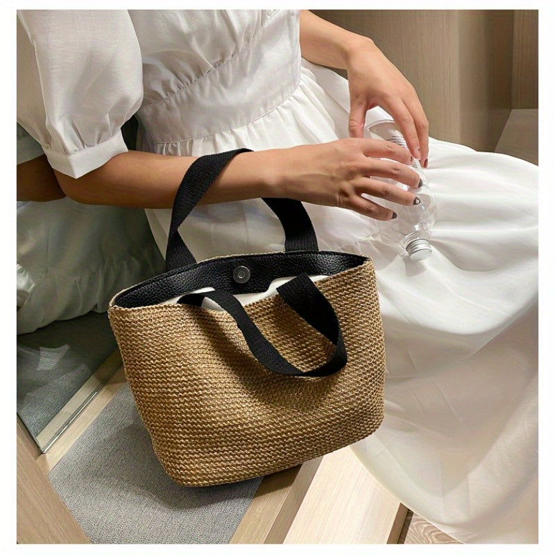 Chic Black Braided Woven Texture Tote Bag for Women - Casual Beach Vacation Handbag with Buckle Closure & Polyester Lined Interior