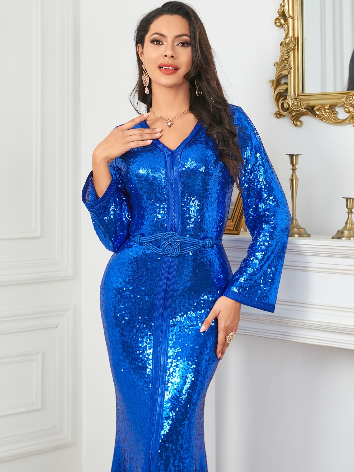 Middle Eastern Muslim Women's Beaded Mesh Panel Solid Color Belted V-Neck Slim Fit Slit Party Modern Abaya with Customizable Waistband