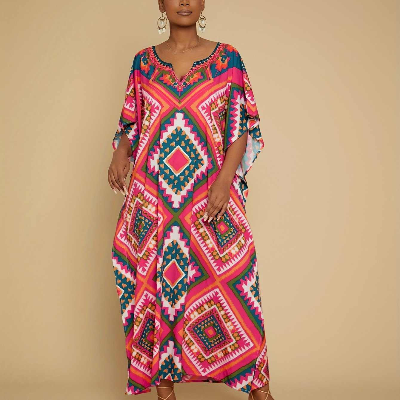 Women's Elegant V-neck Gown Skirt Square Geometric Pattern Resort Beach Caftan Cover-up Is Suitable For Spring, Summer and Autumn