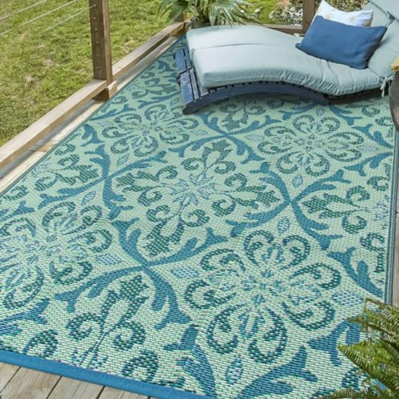 Waterproof Outdoor Rug 6x9 ft Reversible Plastic Straw Patio Medium Rug for Camping RV Mat Outside Indoor Outdoor Carpet for Porch Deck Backyard Camper Picnic Green and White 6x9