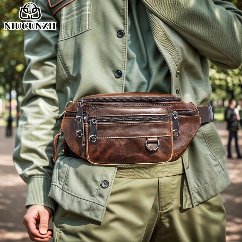 Men's Genuine Leather Sling Bag Crossbody - Lightweight Minimalist design with Multiple Zippered Compartments - Everyday Essentials Organizer for Phone, Wallet, Keys