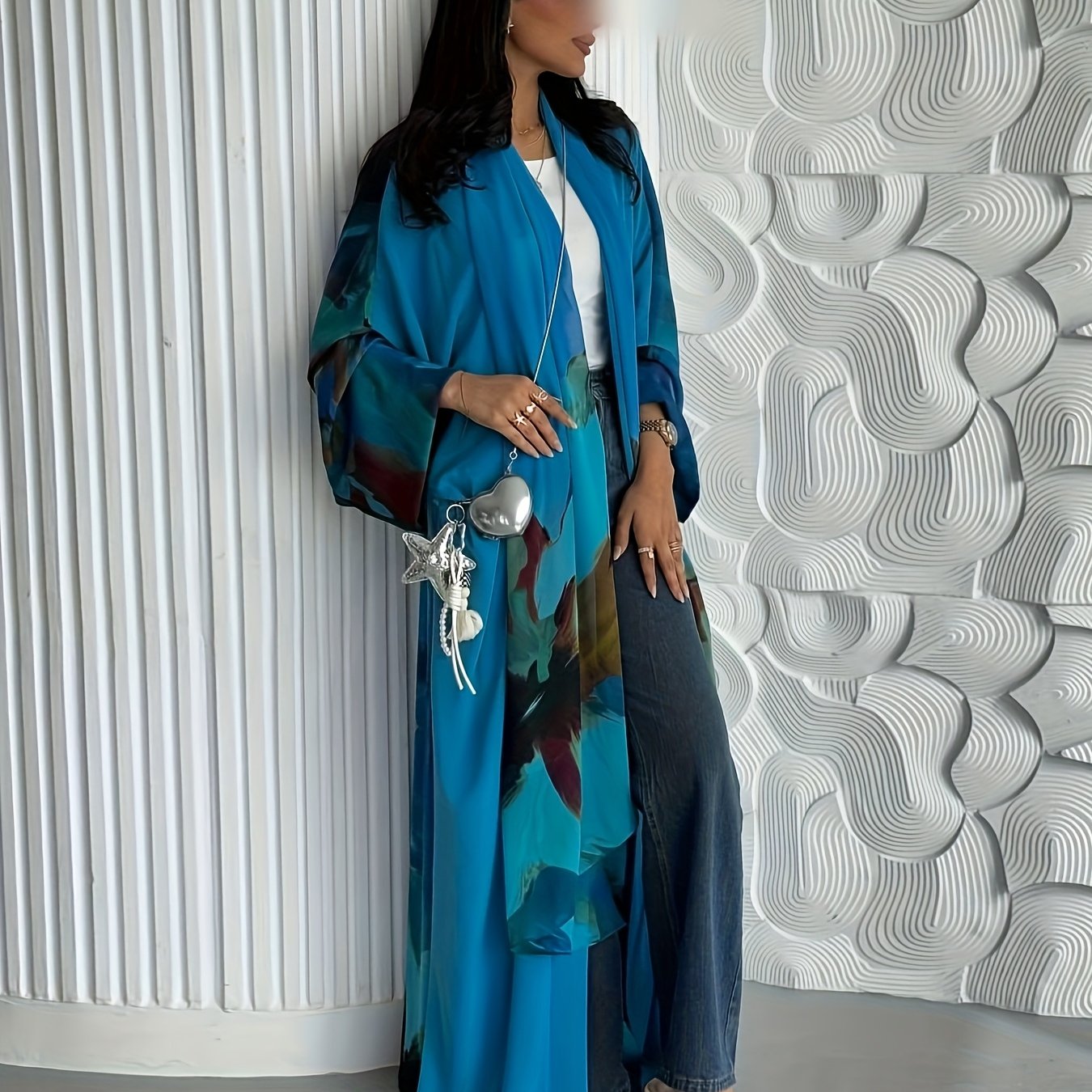 New modest Muslim scarf chiffon printed two-piece set Middle East fashion cardigan kimono abaya coat.
