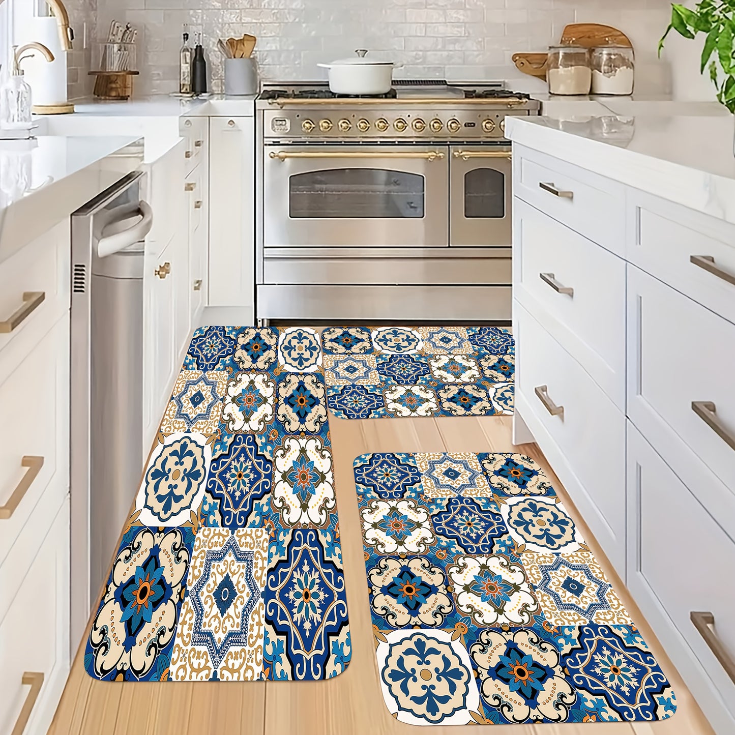 Sponge Thickness 10mm Density 18D Square Meter Weight 500g Set of 1/2/3 Kitchen Bathroom Rugs, Decorative Mats with Traditional Portuguese or Moorish