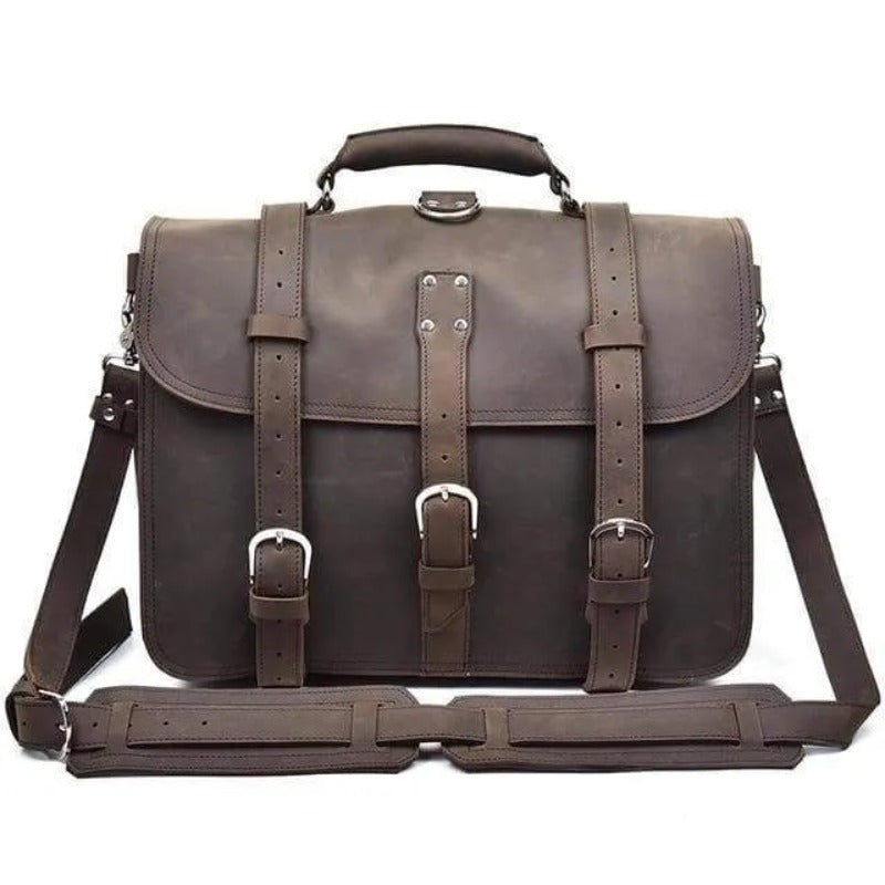 Large Capacity Vintage Crazy Horse Faux Leather Messenger Bag - Elegant Brown with Multiple Compartments, Fits 15" Laptop