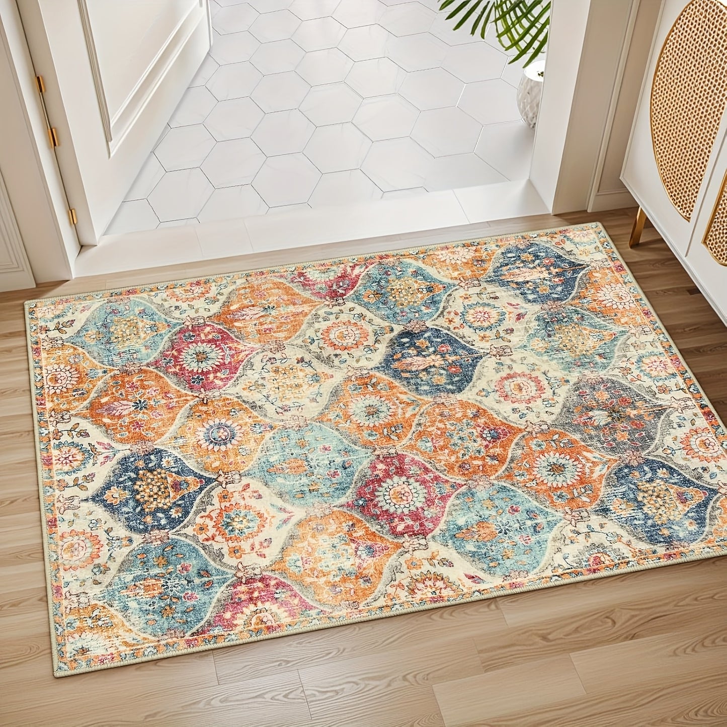 Quick-Dry Non-Slip Vintage Floral Carpet, Rugs - Machine Washable Ultra-Thin 100% Polyester Indoor/Outdoor Entryway Mat for Bathroom, Kitchen, Bedroom - Distressed Home Decor with Vibrant Colors, Kitchen Floor Mat, Decorative Door