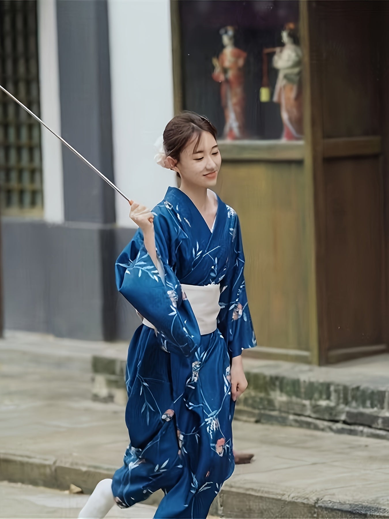 6pcs Traditional Japanese Kimono Abaya Set for Women - Polyester Floral Pattern, Woven Kimono & Obi with Matching Accessories - Umbrella, Hair Flower, Bow