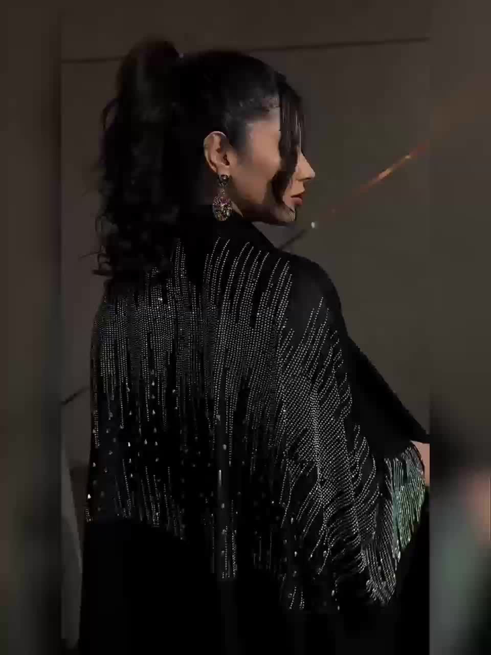 Elegant Rhinestone-Embellished Batwing Sleeve Butterfly Abaya - Solid Black Modest Muslim Women's Long Robe, Machine Washable All-Season Party & Formal Evening Gown