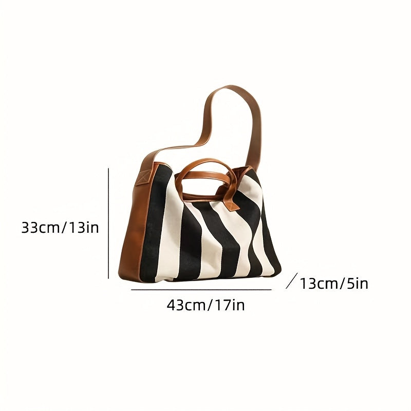 Genuine Leather & Large Capacity Striped Tote Bag for Women - 15-inch Laptop Compartment, Magnetic Closure