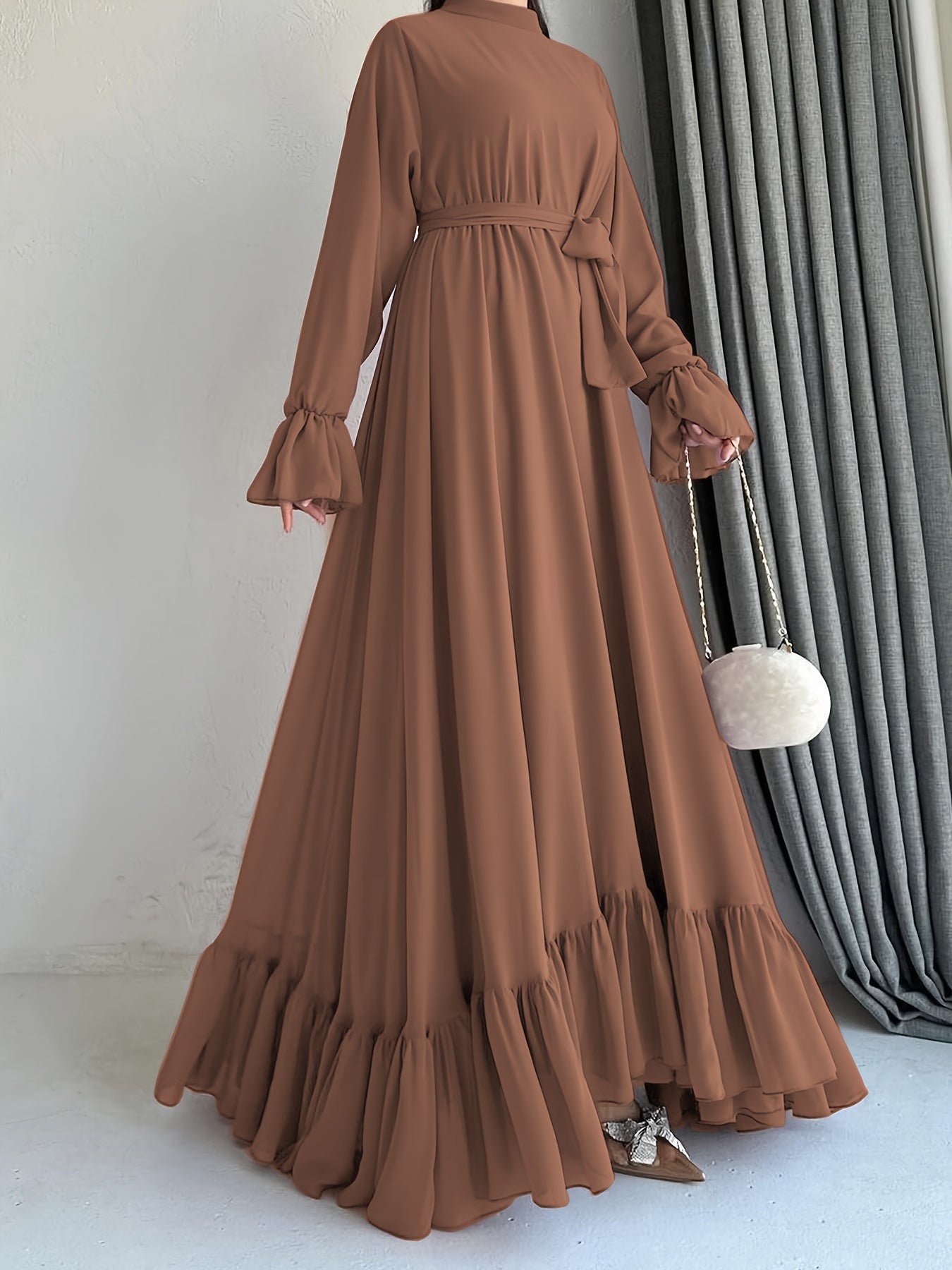 Stunning Solid Color Belted Peplum Maxi Dress - Elegant Palestinian Abaya for Women with Long Sleeves, Pleated Design, and Flattering Silhouette for Spring and Fall Seasons - Chic and Modest Clothing