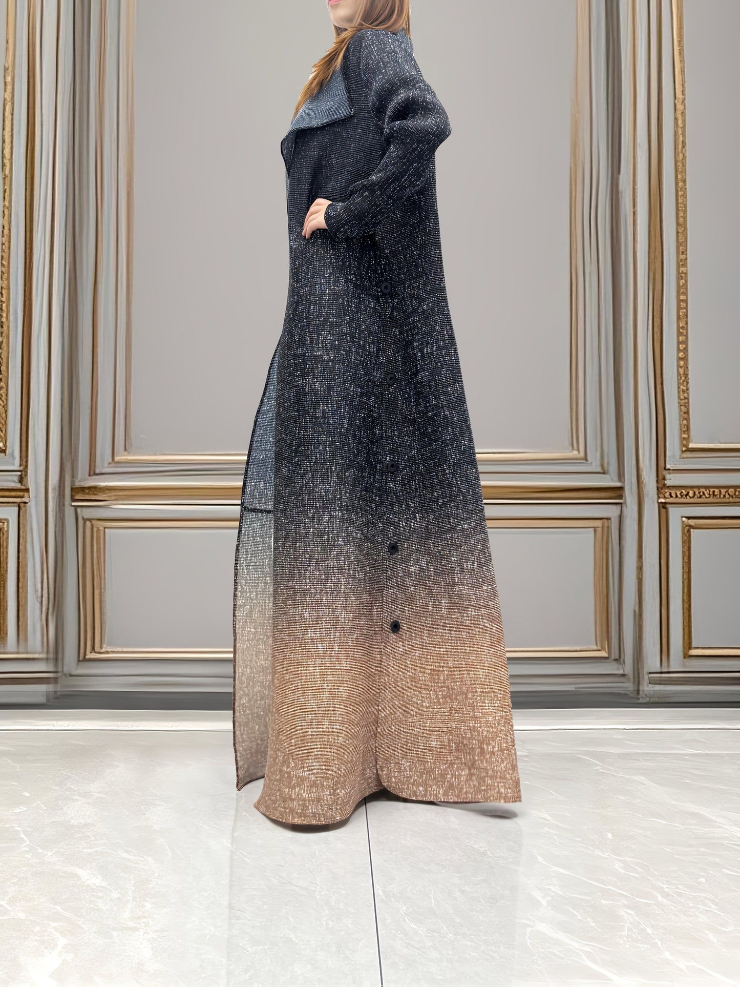 Elegant Black to Brown Ombre Modern Abaya Robe - High Elasticity Breathable Fabric, A-Line Pleated Design with Lapel & Button Details, Machine Washable for Business Banquets, Art Salons