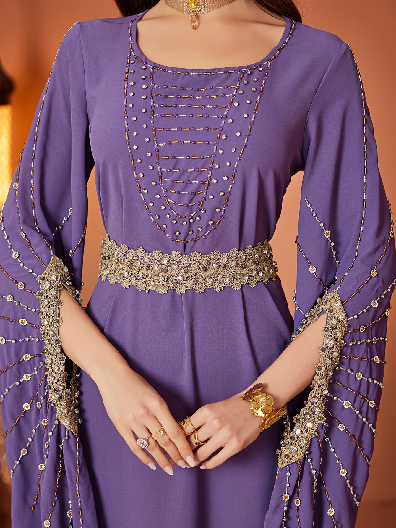 Elegant Lavender Emirati Abaya for Women - Loose Fit, V-Neck with Rhinestone Detail, Long Sleeves, Belted Waist, Perfect for Spring/Summer, Traditional Islamic Fashion, Cultural Attire | Vneck Dress