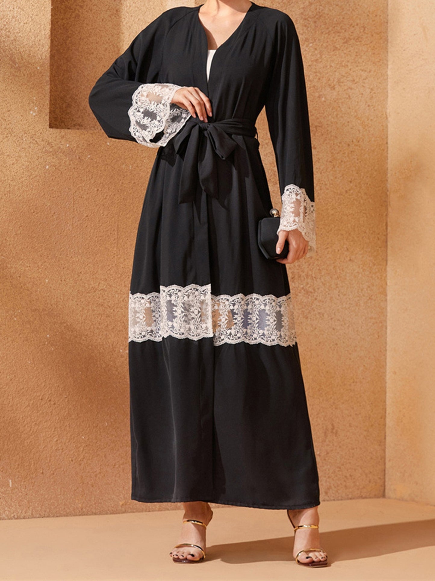 Women Open Palestinian Abaya Elegant Lace Patchwork V-Neck Long Sleeves Islamic Prayer Dresses Robe with Belt Casual Arabic Dresses
