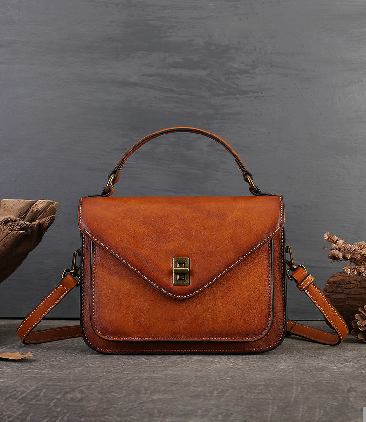 Women's Genuine Leather Retro Messenger Bag - Adjustable Crossbody & Shoulder Strap, Snap Closure, Durable Oil-Edged Trim