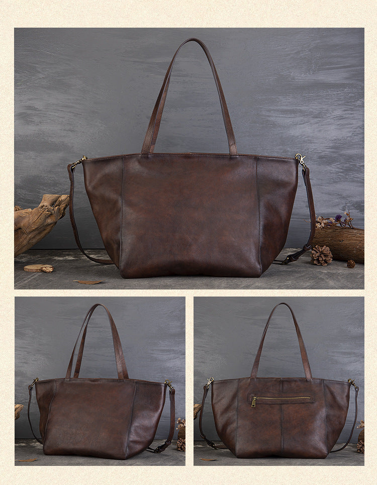 Tanned Cowhide Large Capacity Tote Bag, Genuine Leather One-Shoulder Cross-Span Bag Women's Large Bag Shopping Bag