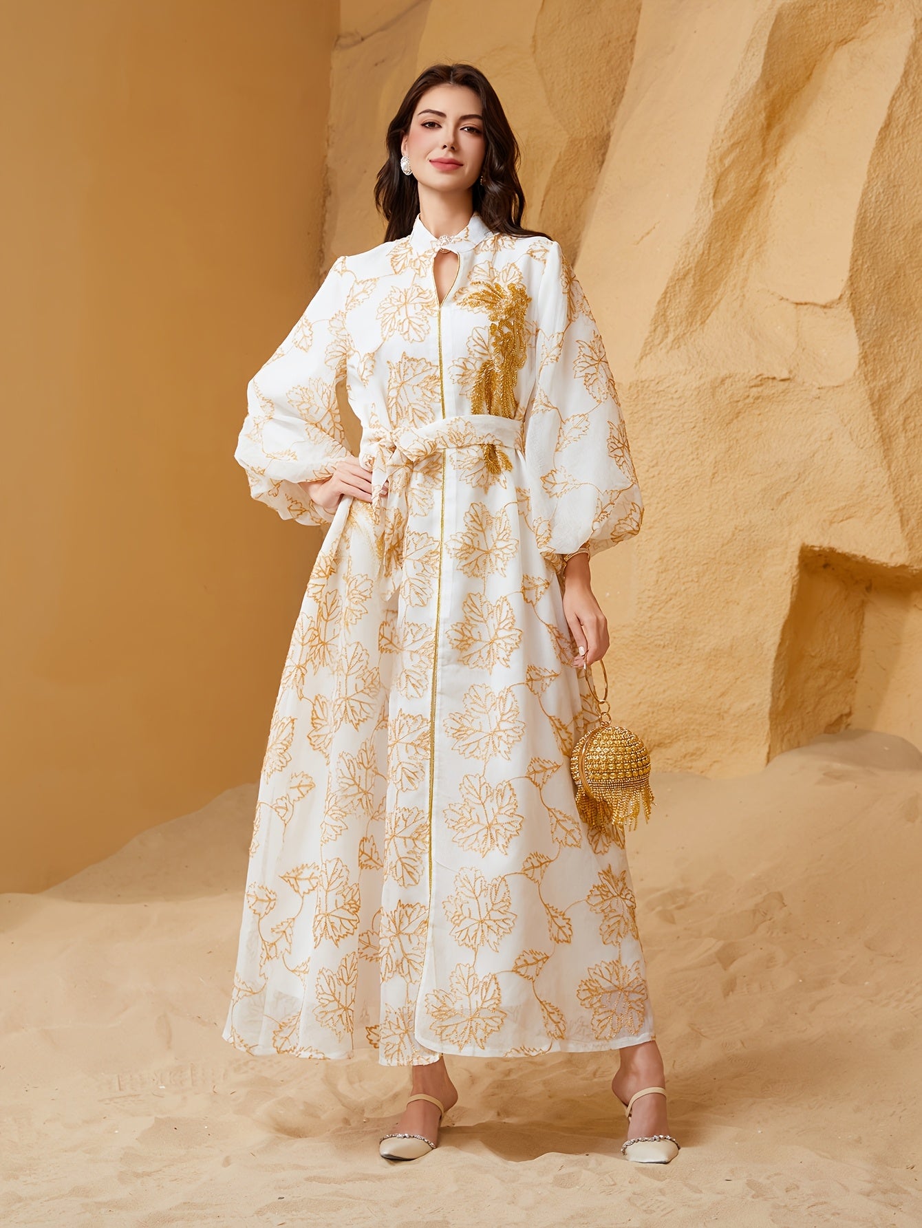 Oriental Style Regular Formal Dress Women's Abaya with Sequins and Mesh Stand Collar, Light Luxury Evening Gown for Festive Occasions - Turkish Jalabiya