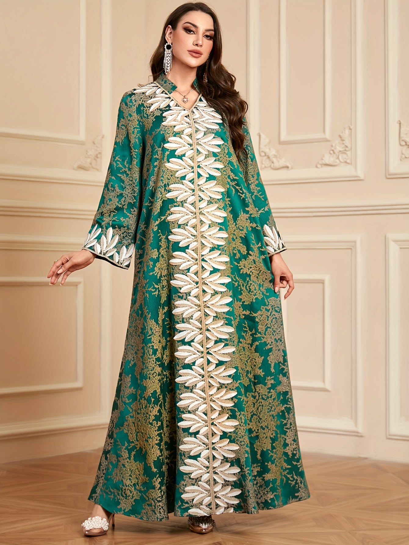 Elegant Green Floral Embroidered Long Sleeve Maxi Kaftan Abaya Dress - Polyester, Machine Washable, Non-Stretch Fabric for All Seasons