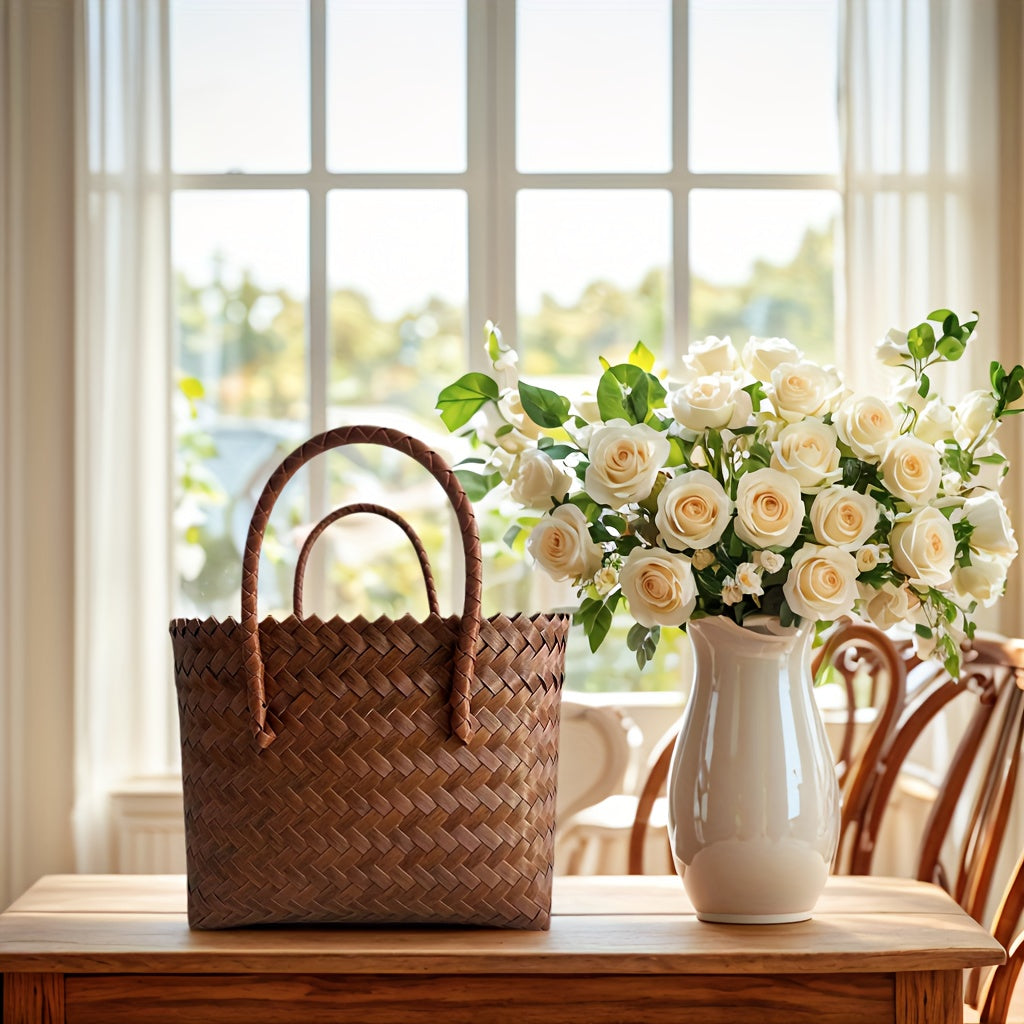 One Piece, Hand-Woven Handbag Handheld Versatile Women's Bag, Suitable for Vacation, Imitation Rattan Design, Tote Bag Style