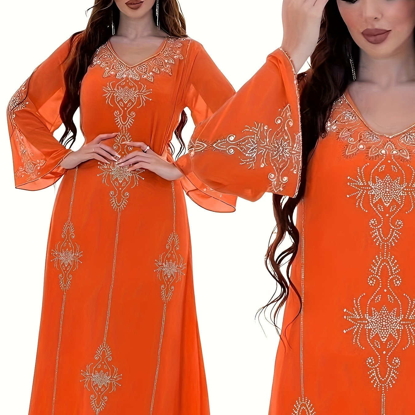 Elegant Rhinestone Embellished Chiffon Dress - Summer Long Robe for Women, Polyester, Machine Washable, Middle Eastern Style Palestinian Abaya