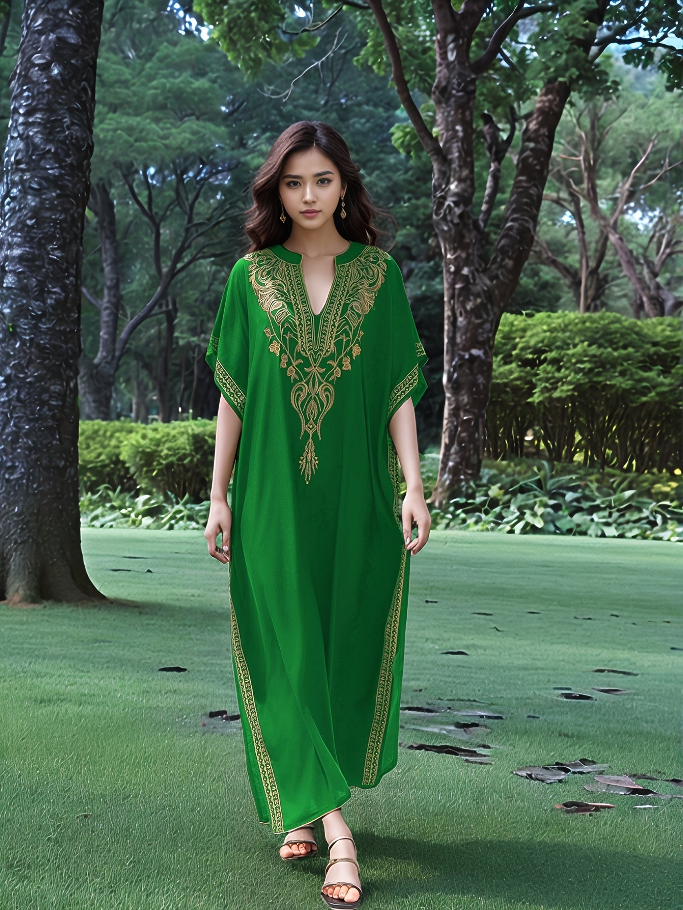 Elegant Gold Embroidered Resort Gown Kaftan Dress V-Neck Beach Blouse Kaftan