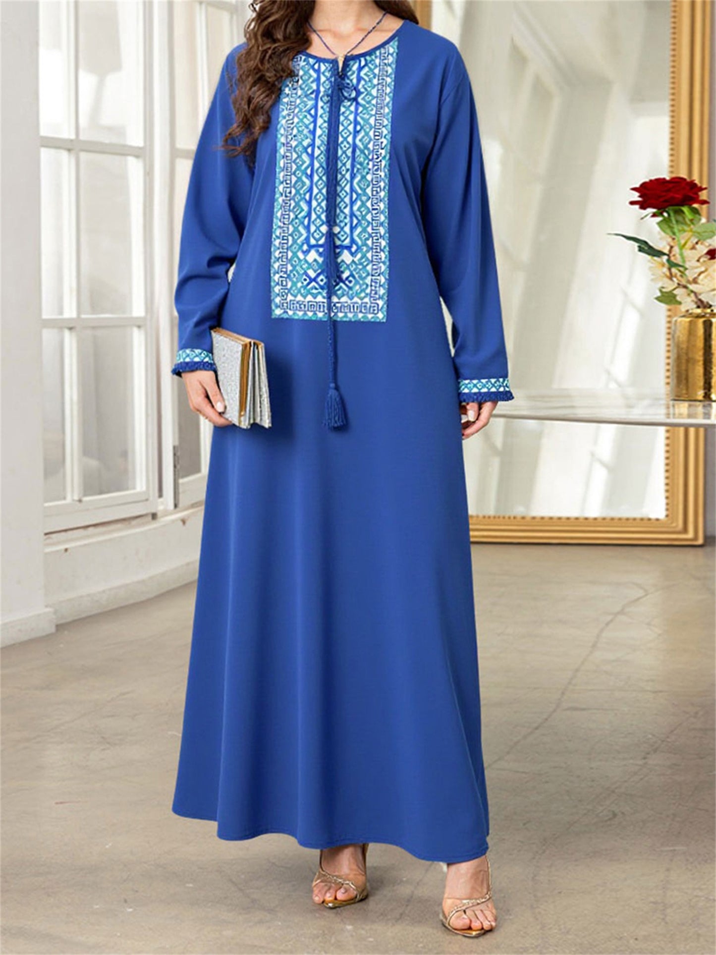Women's Vintage Turkish Abaya Dress - Loose Fit Tie-Up Tassel Round Neck Long Sleeve Geometric Print 100% Polyester Machine Washable All-Season Casual Outdoor Wear
