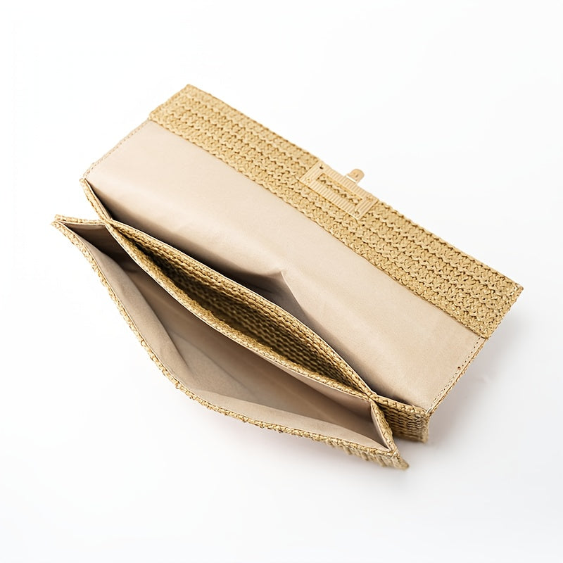 Women's Square Flap Straw Clutch Bag, Bohemian Vacation Woven Wallet