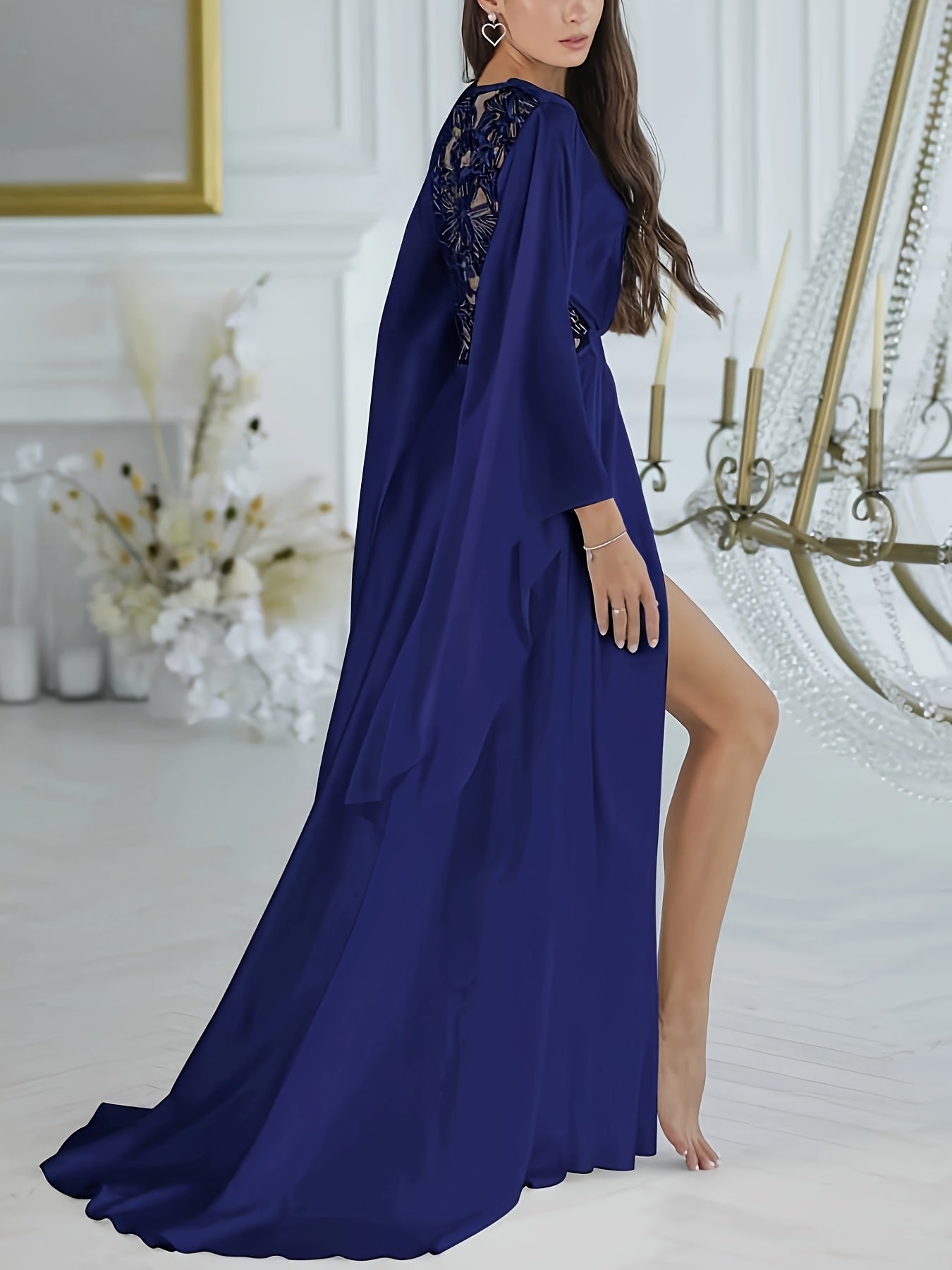 Ladies Satin Gown Silk Lace Bridal Kimono Abaya Nightgown Bridesmaid Gown Wedding Party Nightgown