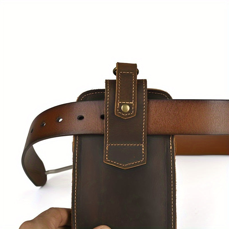 Men's Retro Genuine Leather Belt Bag - Anti-Theft Lightweight Belt Clip with Multiple Zippered Compartments for Phone & Essentials