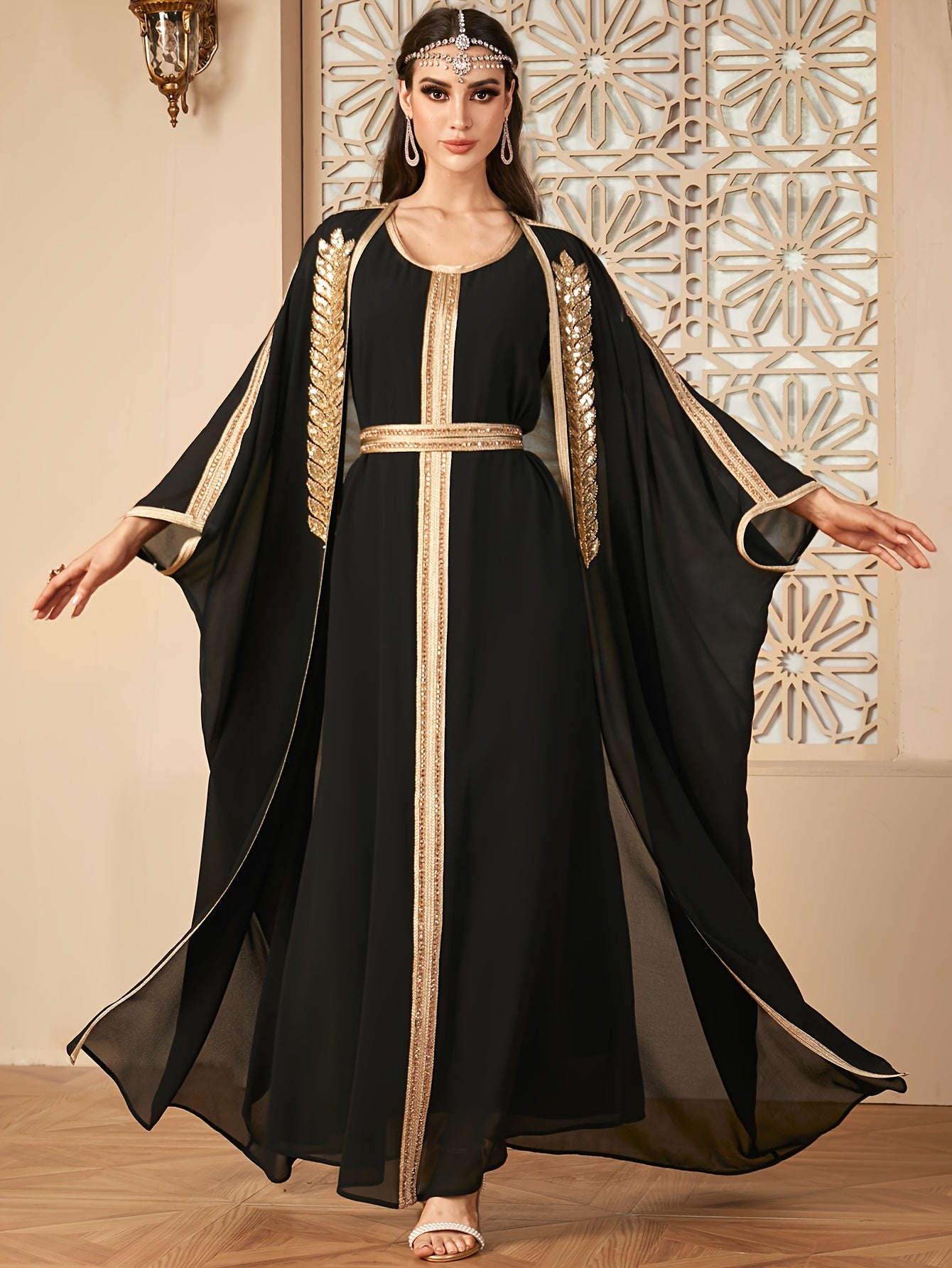 Middle East New Arrival Vest Abaya Dress + Open Cardigan Sequin Paneled Webbing Batwing Sleeve Long Robe Two-Piece Dress Set