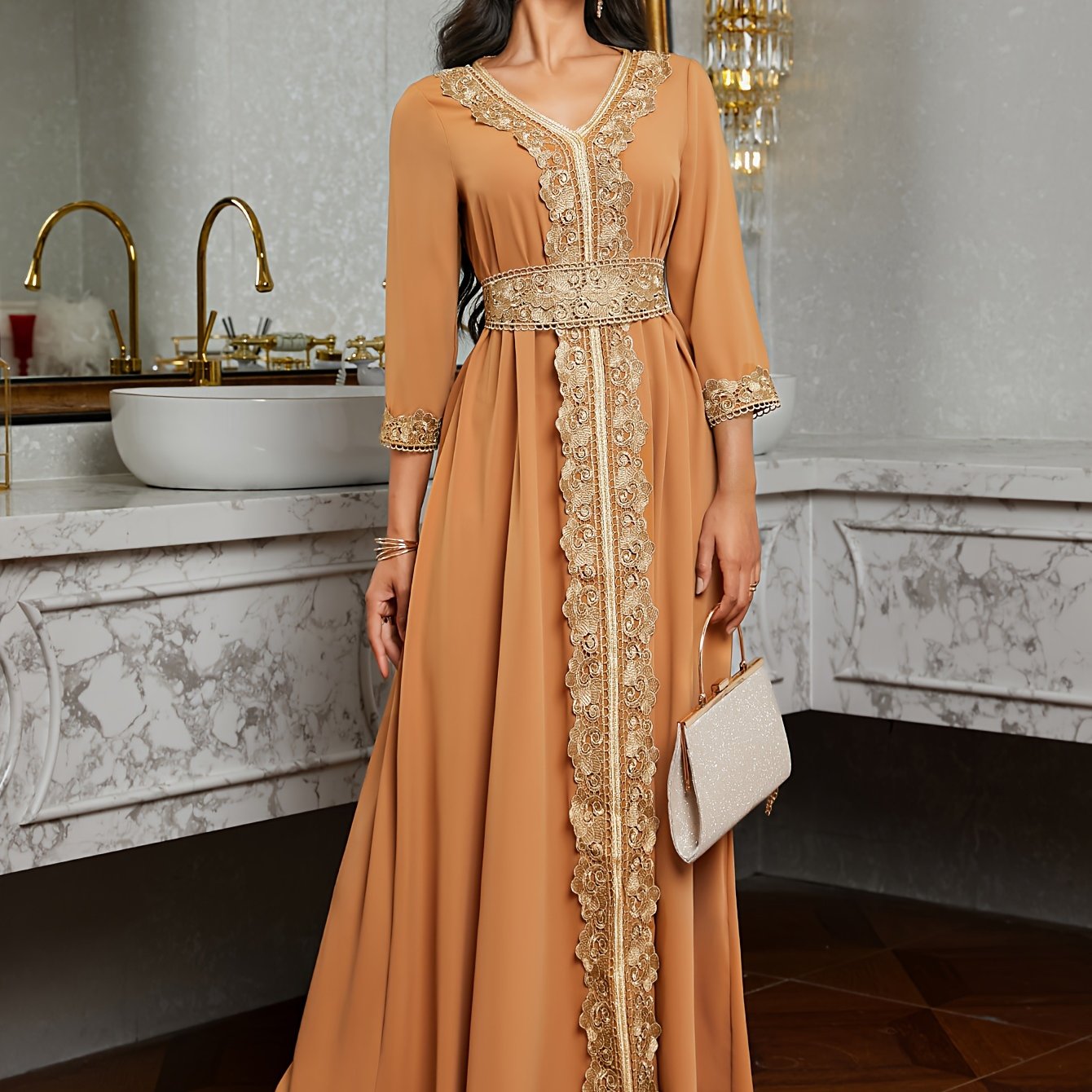 Elegant Golden Contrast Lace Detail Maxi Palestinian Abaya - V-Neck, Long Sleeve, Polyester, Formal or Evening Wear for Women, Formal Occasion Attire | Lace Detailing | Polyester Fabric