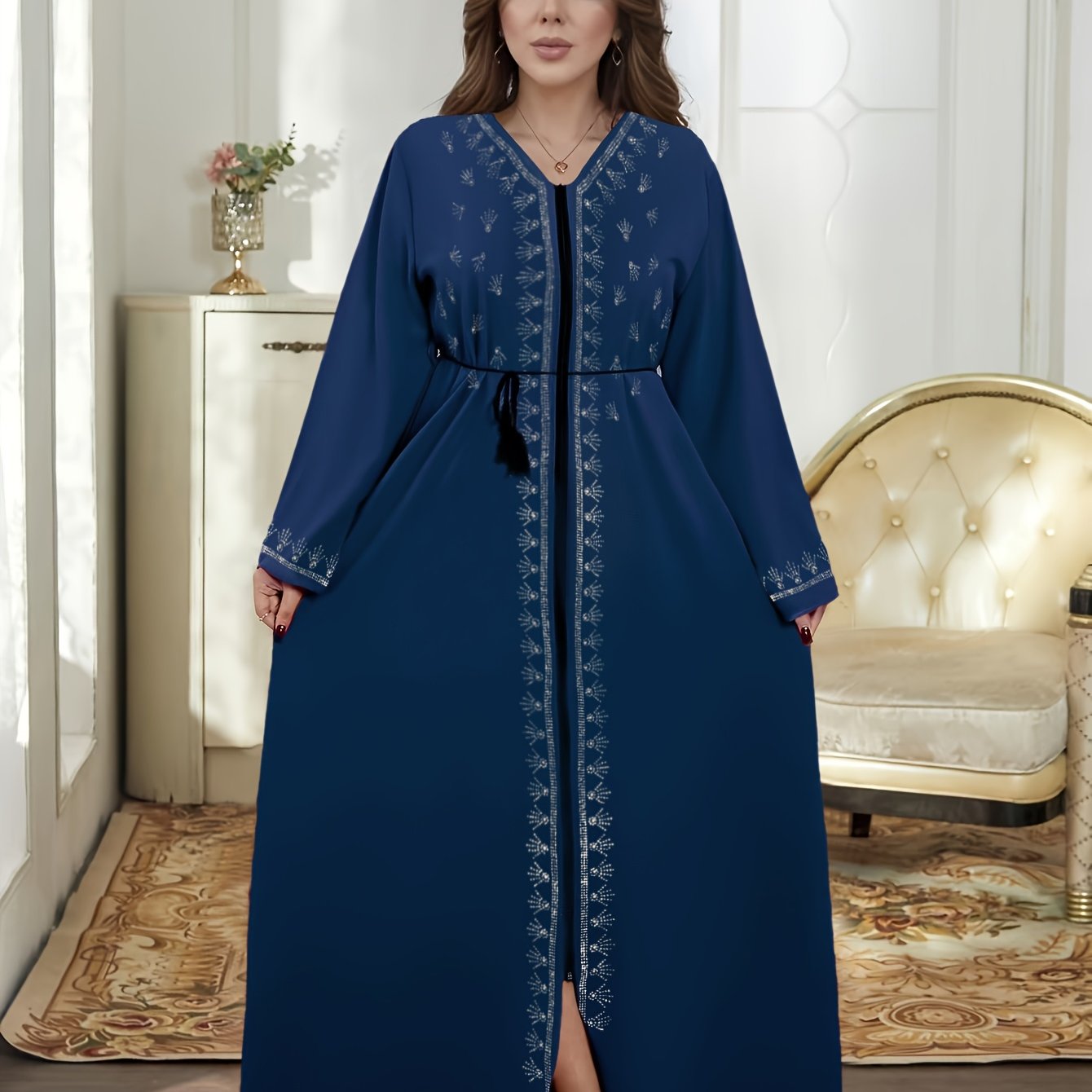 Ramadan 2025 Muslim Women's Open Cardigan Middle Eastern Robe Loose Floor-Length Diamond Studded Long Abaya with Zipper