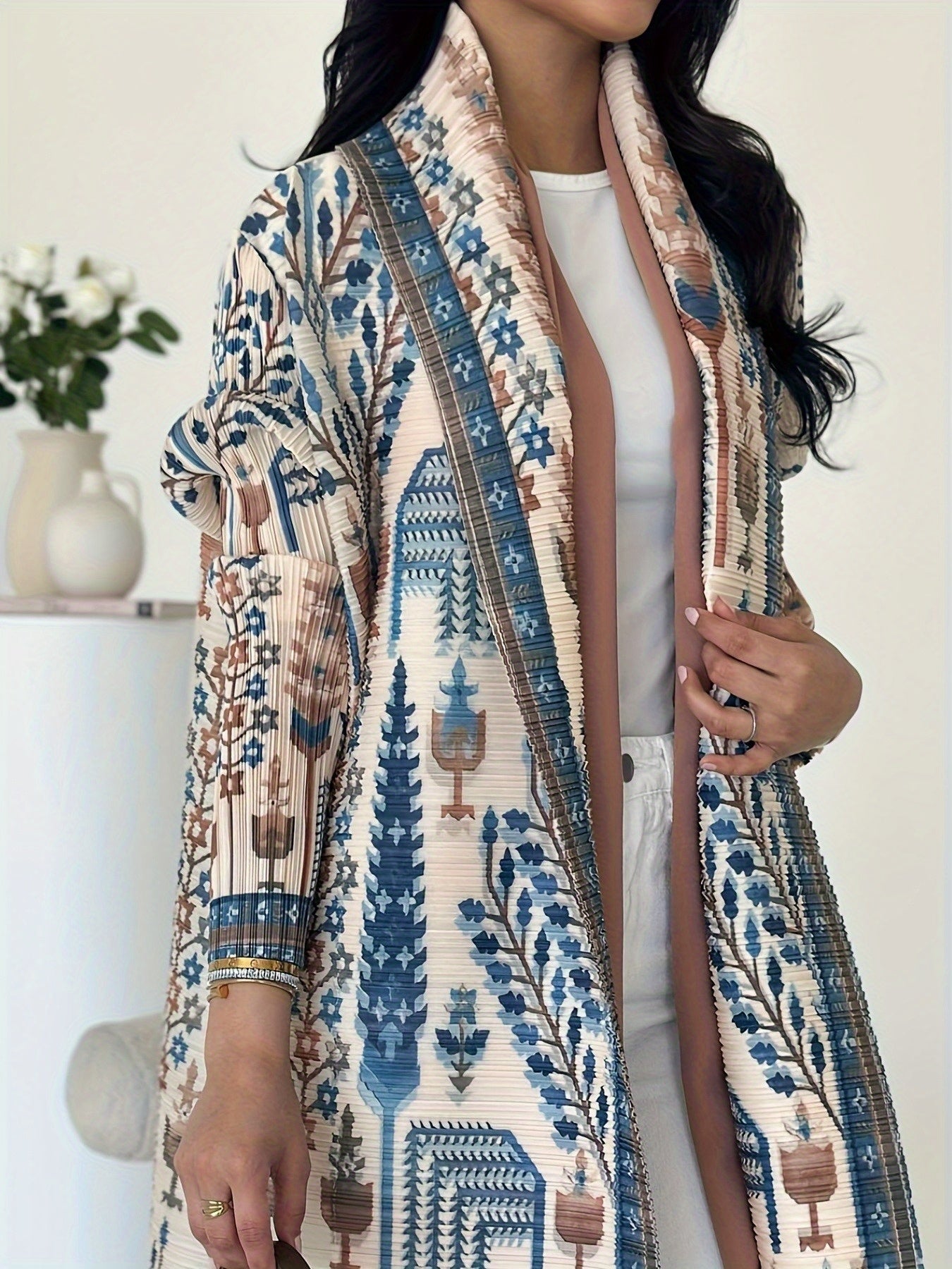 Elegant Palace-Style Geometric Print Robe - Lightweight High-Stretch Polyester Open-Front Abaya with Adjustable Drawstring Waist, Long A-Line Loose Fit for Spring/Autumn