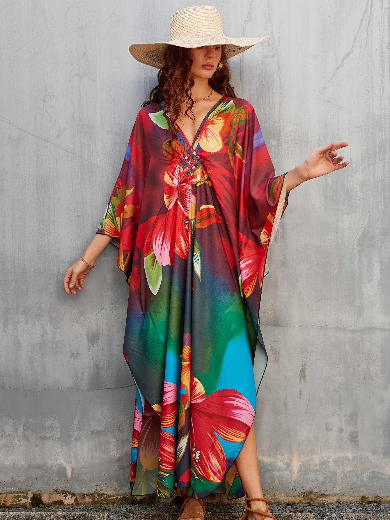 Women's Long Beach Cover Up With Floral Print Kaftan Deep V-neck Casual Vacation Bikini Swimsuit Cover Up