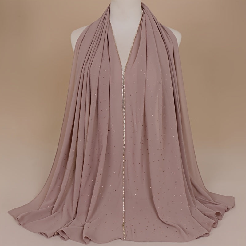 1pc Lightweight Breathable Chiffon Scarf with Sparkling Rhinestone Trim