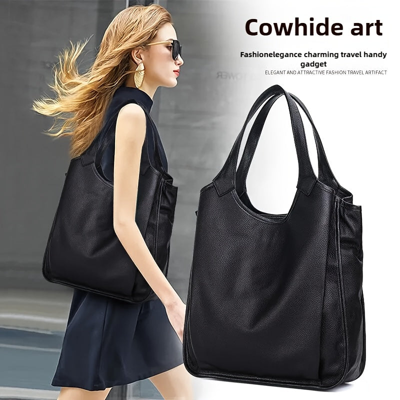 Genuine Leather Women's Handbag - Large Capacity Tote Bag with Adjustable Shoulder Strap