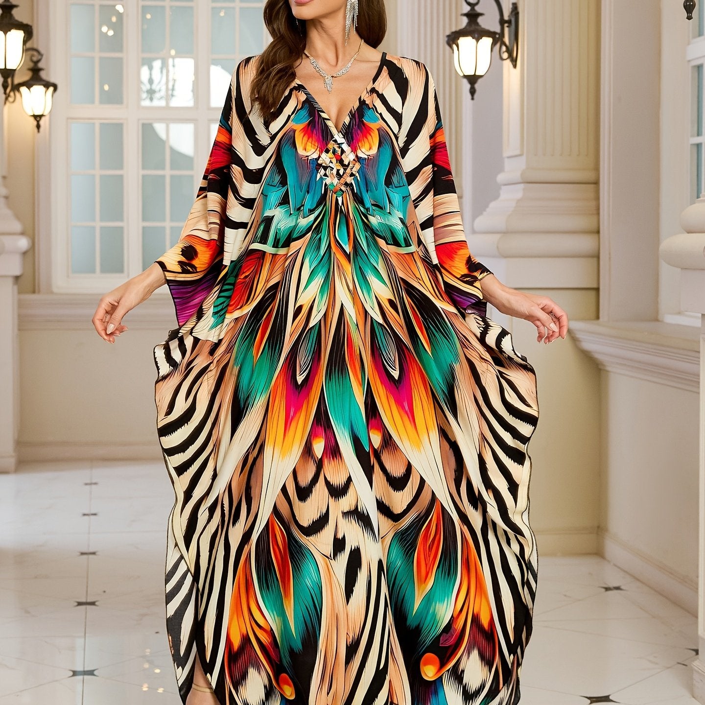 Plus Size Bohemian Beach Cover Up - for Lotus & Zebra Print V-Neck Long Sleeve Kaftan Dress with Slit Hem, Lightweight Machine-Washable Swimwear Cover for Women, Summer Poolside & Resort Wear, Beach Dress, Wear