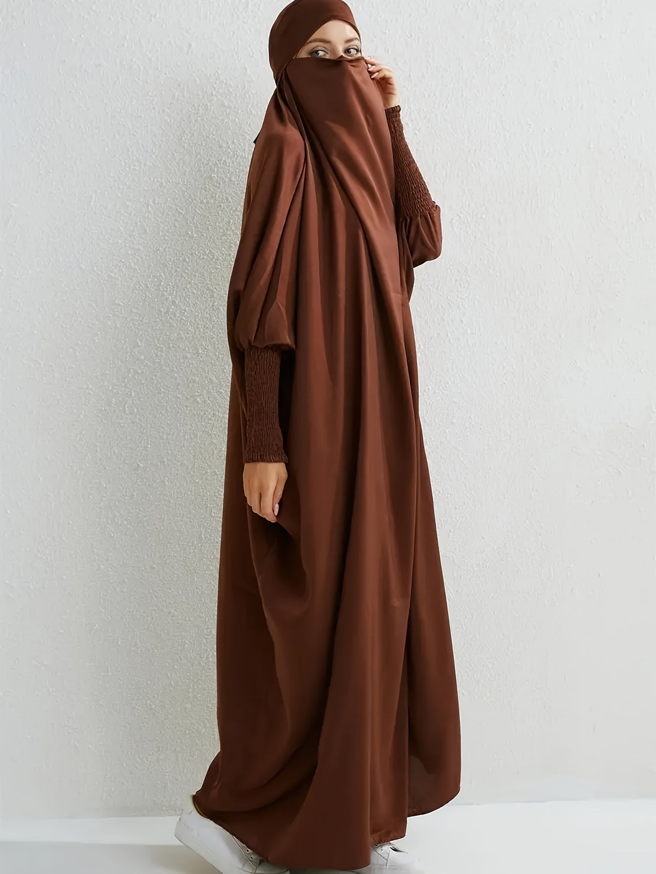 Women's Long Sleeve Abaya Dress - Loose Fit Solid Blue Kraft Style with Frill Hem