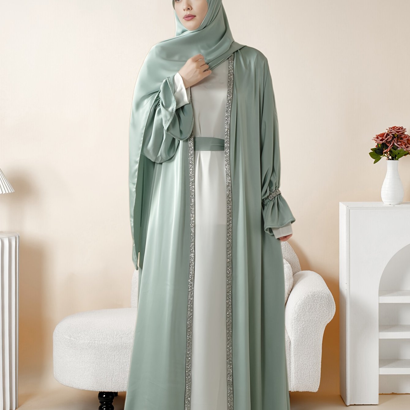 4pcs Set: Poet Sleeve Satin Abaya Eid al-Adha Abaya Muslim Women's Ramadan, Eid al-Fitr, Eid al-Adha, Mawlid, Prayer dress gown robe outfit long robe outfit comfortable soft breathable