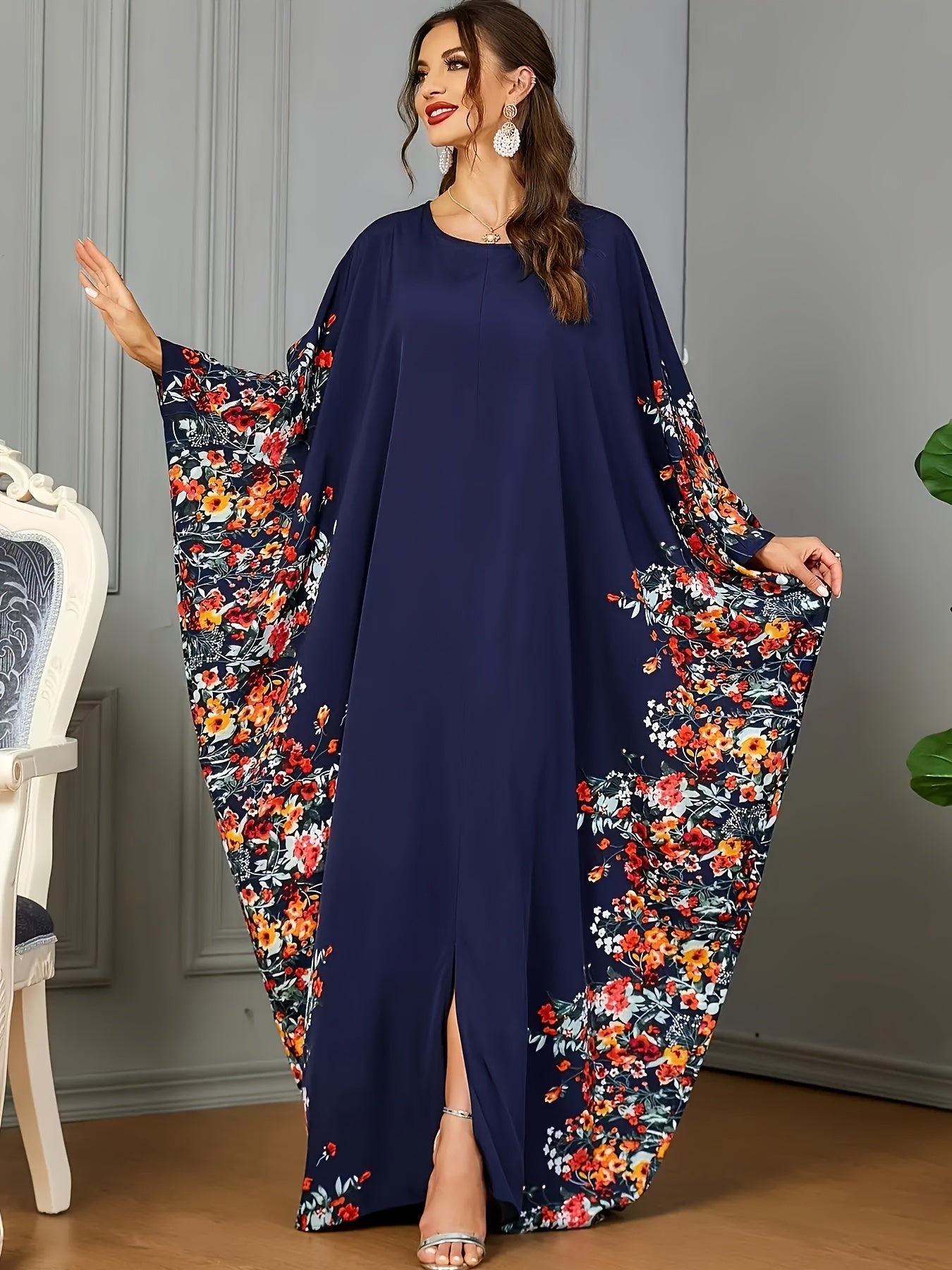 Floral Print Crew Neck Kaftan Abaya, Elegant Batwing Sleeve Split Maxi Dress, Women's Clothing