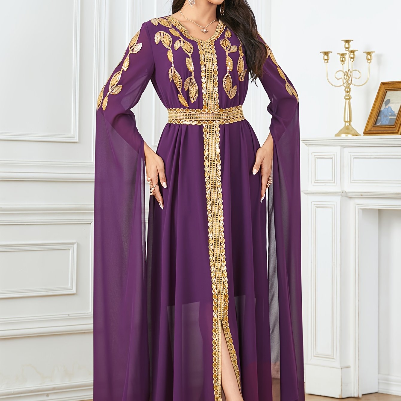 Embroidered V-Neck Abaya Dress, Elegant Cape Sleeve Maxi Dress, Women's Clothing