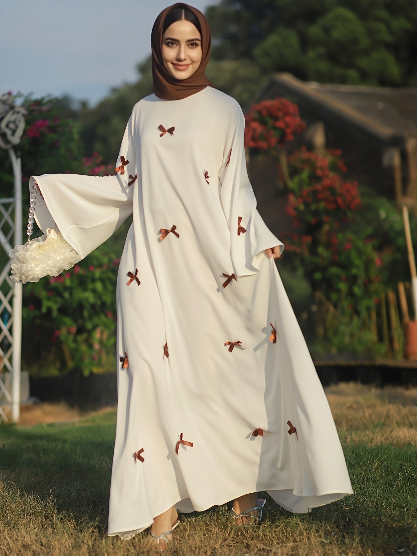 Butterfly Bow Abayas Elegant Long Robe Set, Including Dress and Headscarf